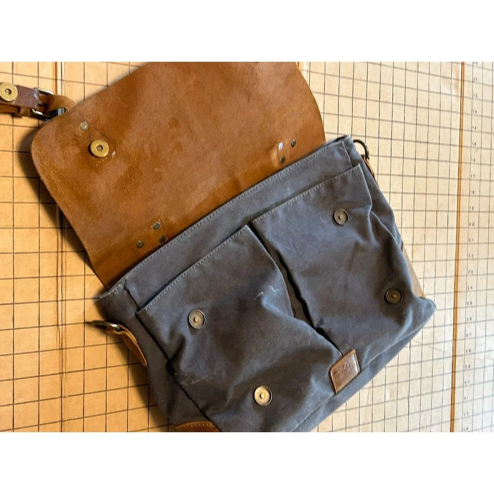 Langforth Messenger Bag Distressed Leather & Gray Canvas 14